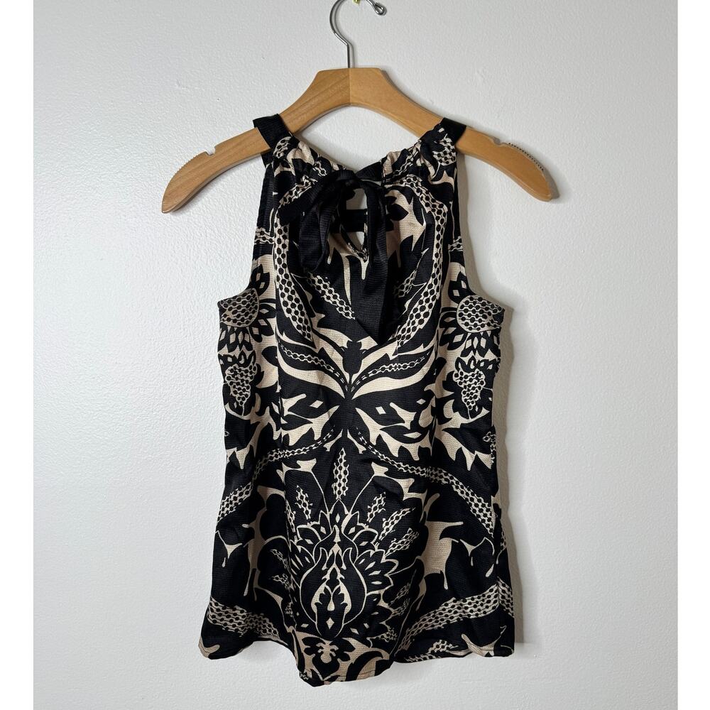 The Limited XS Black Tan Floral Dressy Halter Top Keyhole Neck Tie-Back Blouse - Picture 5 of 11